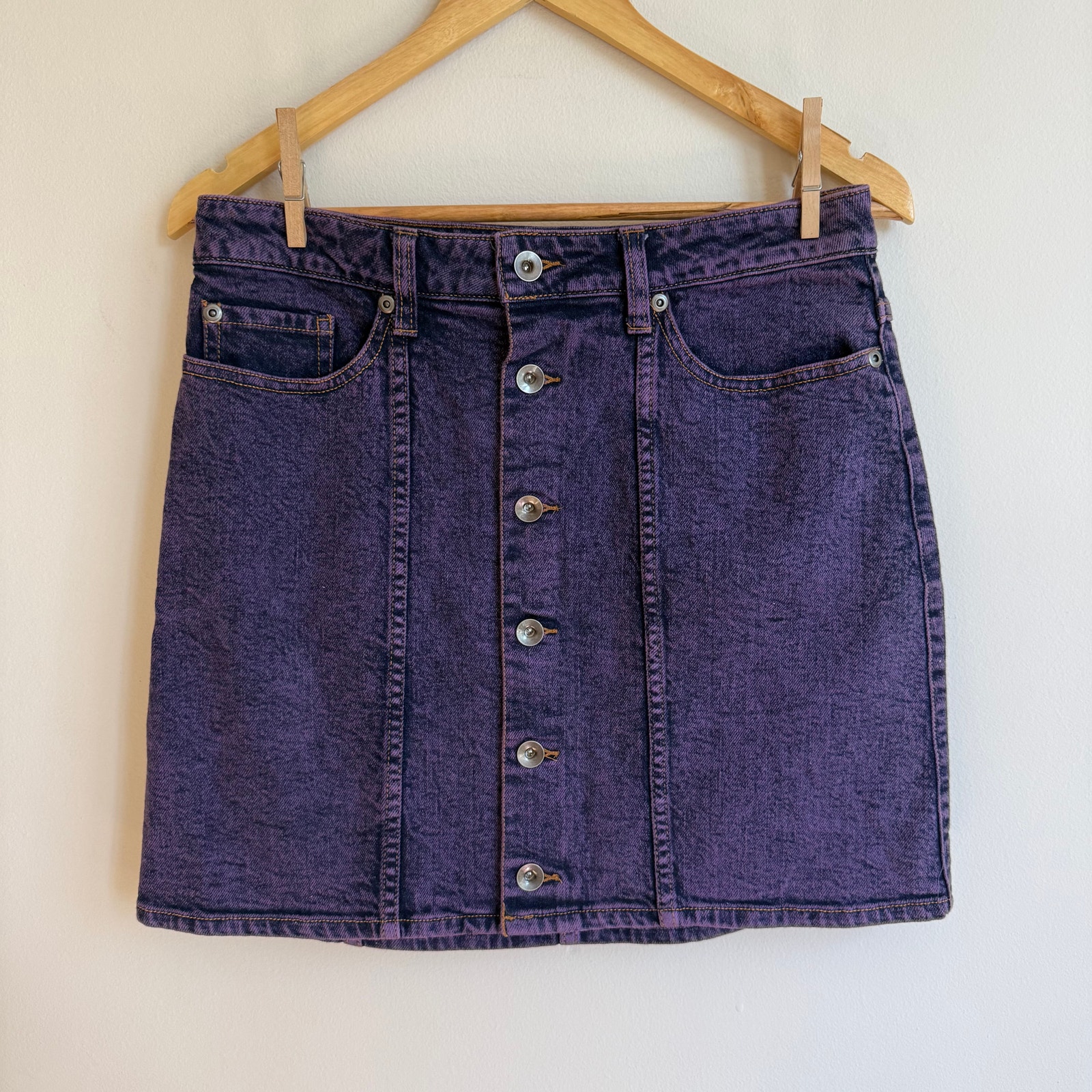 Hot Topic Purple Denim Acid Wash Mini Skirt Button Front Size M